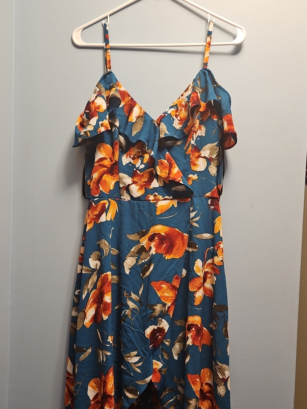 by & by Teal Midi Dress with Orange Floral Print